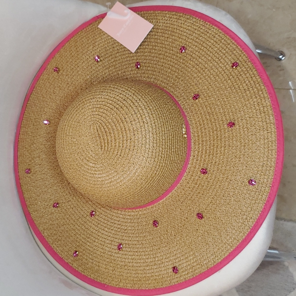 🎉HP🎉Juicy Couture 💖NWT💖 Straw Hat with Pink Ribbon Trim & Pink Gemstones! - Picture 4 of 12